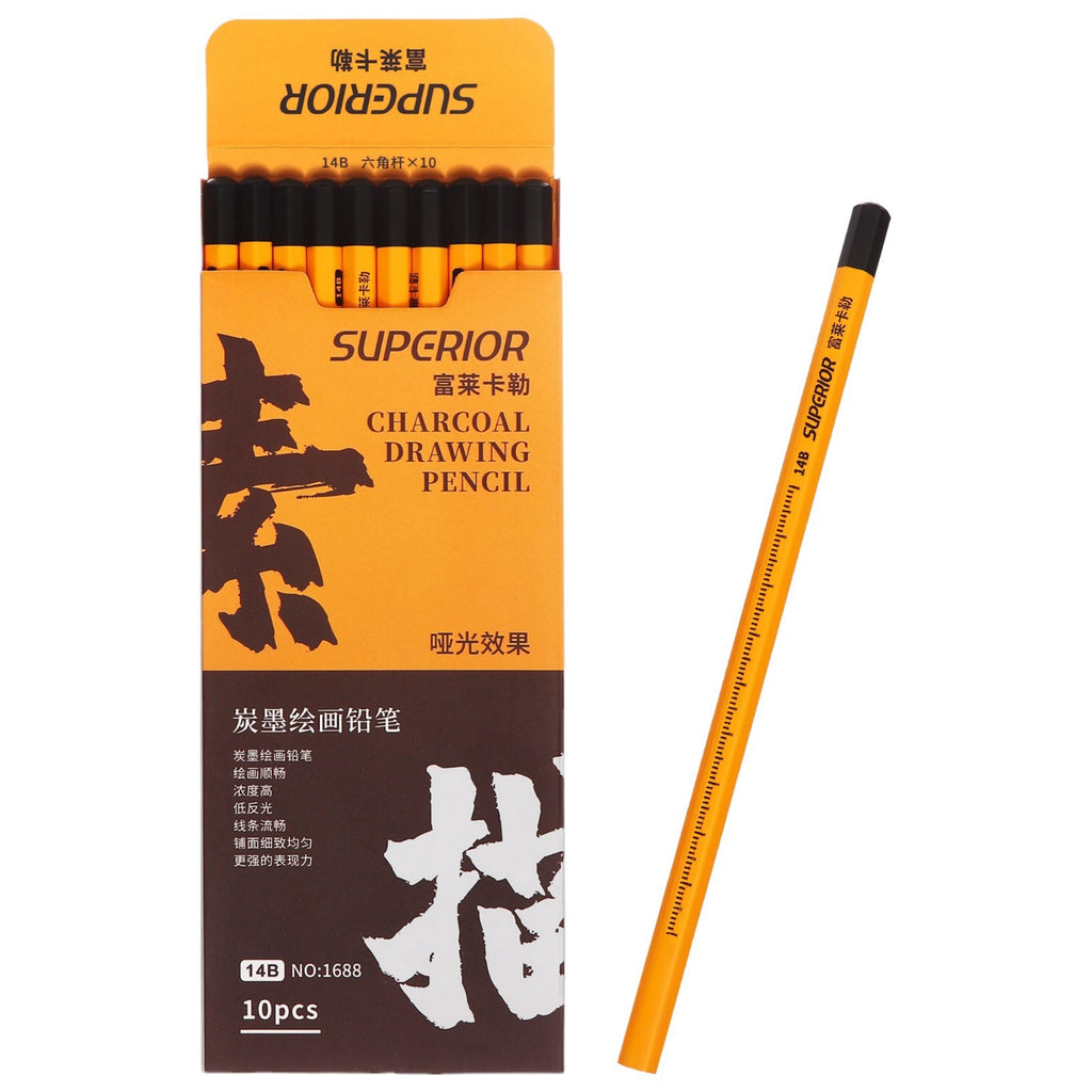 Boîte de 10 Crayons Fusain SUPCRIOR – Charcoal Drawing Pencil 14B beaux-arts prix tunisie