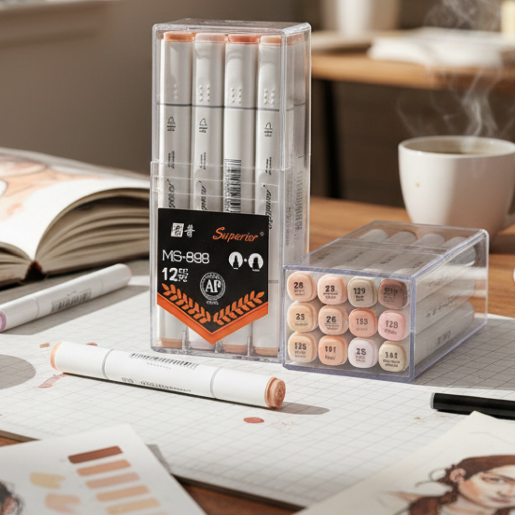 Lot de 12 Marqueurs à Alcool Superior – Tons Chair | Double Pointe Fine & Large beaux-arts prix tunisie