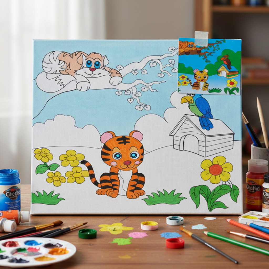 Toile à Colorier 20×25 cm – Motif Tigre & Animaux