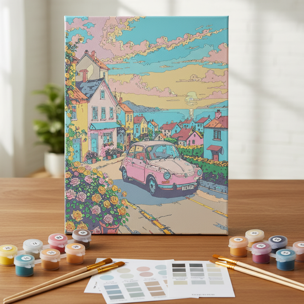 🎨 Kit Peinture à la Gouache sur Toile – DIY Art Voiture Rétro dans un Village Côtier beaux-arts prix tunisie