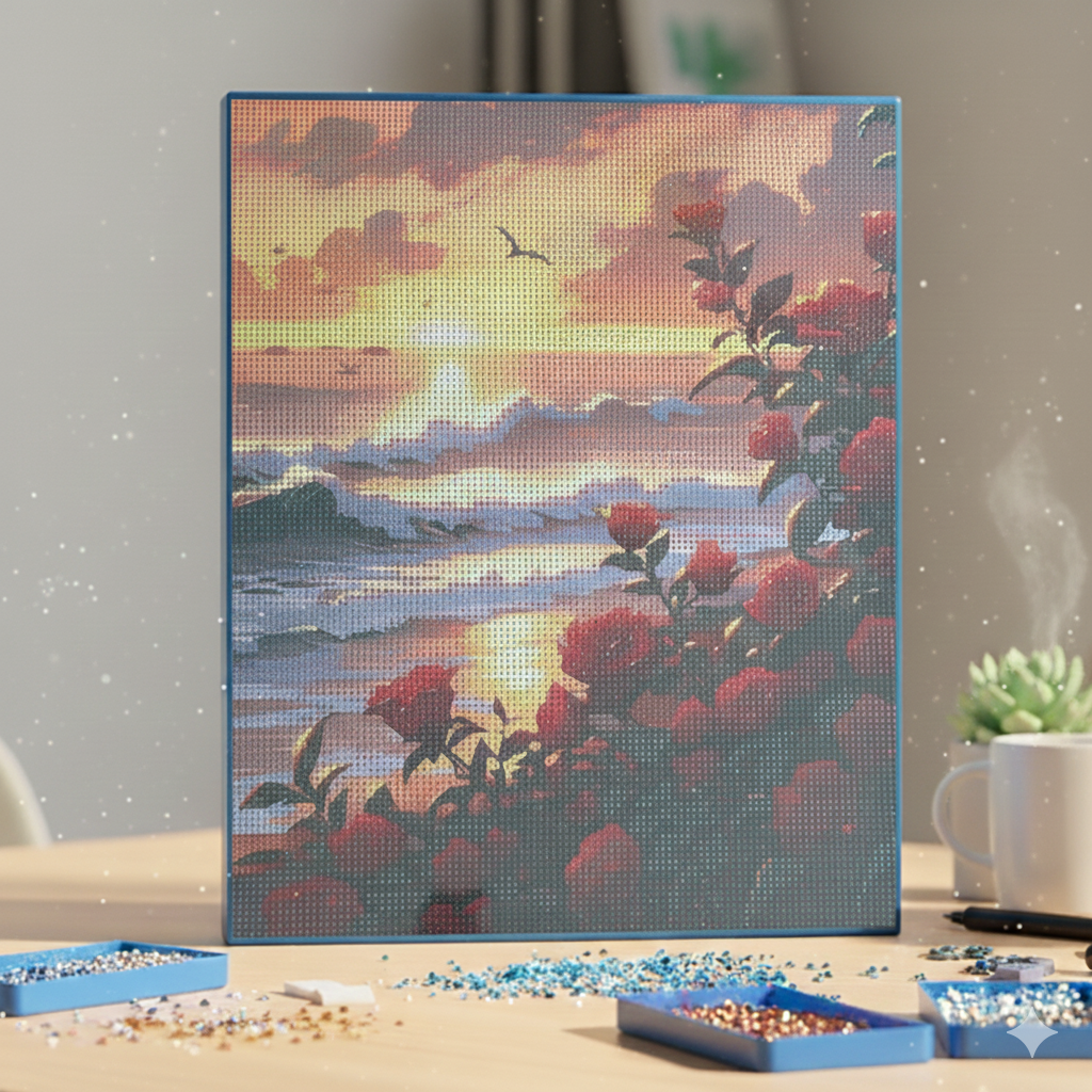 Tableau peinture En Diamant, Broderie Kit Complet 💎 🌹🌅Falaise de Fleurs beaux-arts prix tunisie