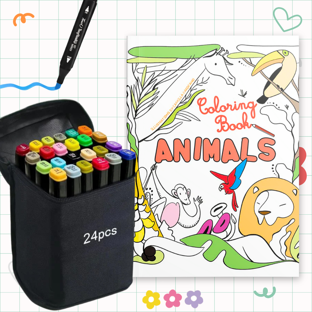 🌈 Pack Coloriage : 🐠 Animals livre de coloriage & Marqueurs à Alcool – Double Pointe, 24 Couleurs Bureau prix tunisie
