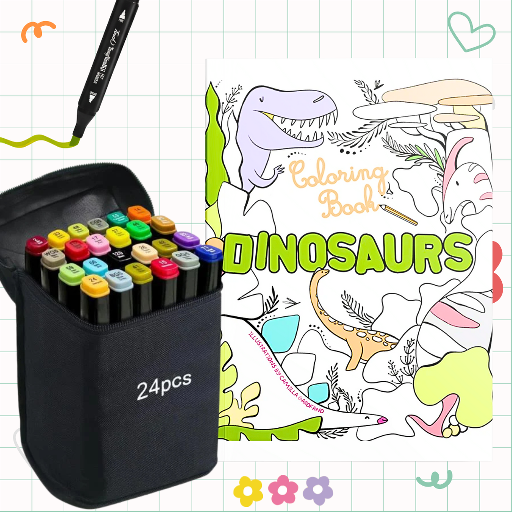 🌈 Pack Coloriage : 🦖 Dinausores livre de coloriage & Marqueurs à Alcool – Double Pointe, 24 Couleurs Bureau prix tunisie