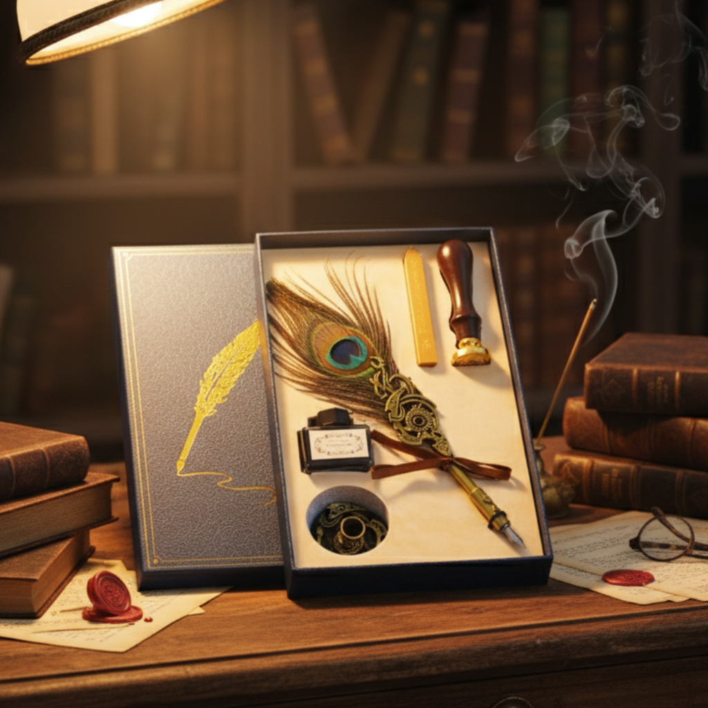 Set Stylo à Plume, Plume Calligraphie et Encre avec Sceau de Cire,Coffret Cadeau Bleu. plume Bureau prix tunisie