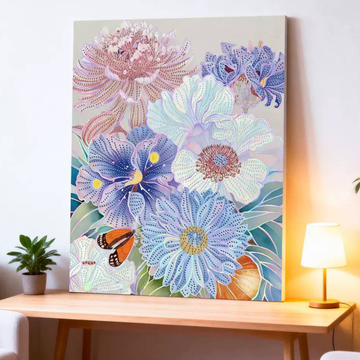 Fleurs Bleues et Papillon Orange
