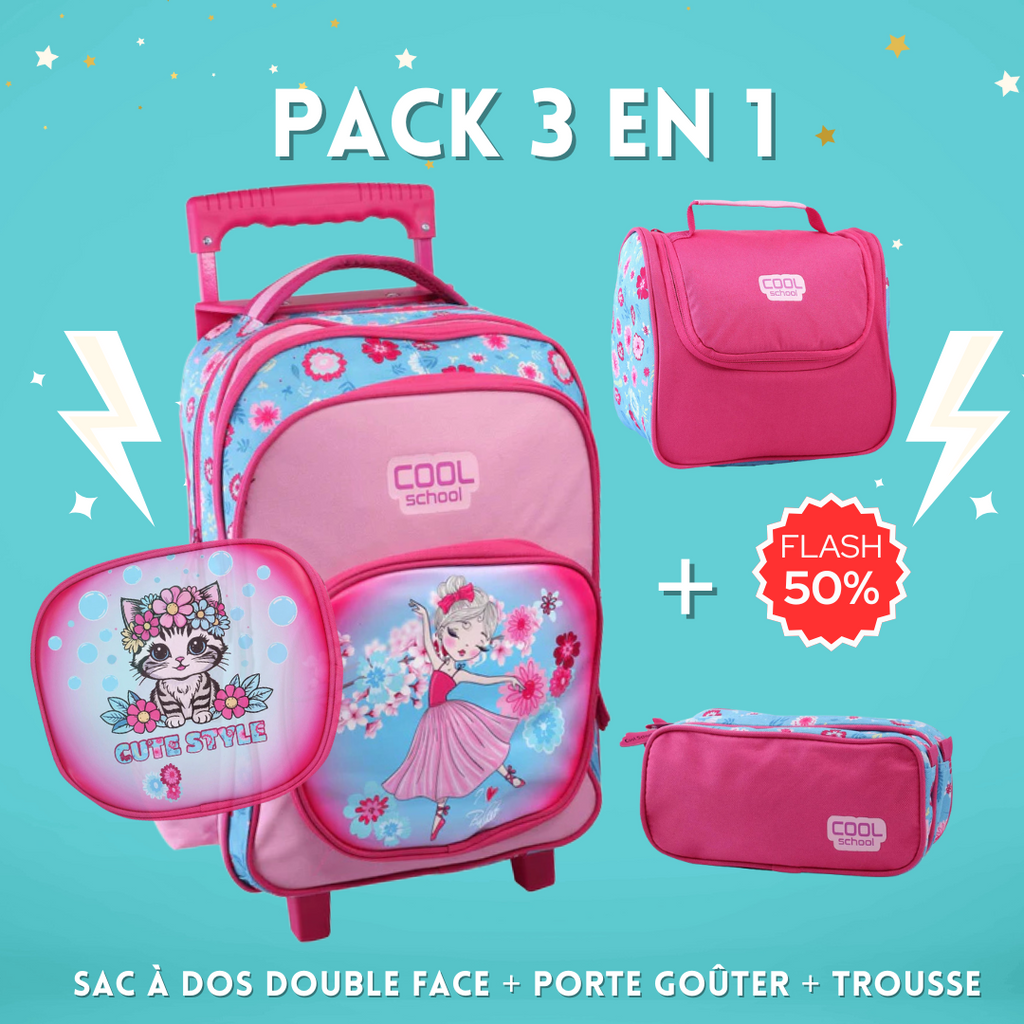 Pack 3 pièces : Sac à dos double face + Porte goûter + Trousse CUTE STYLE Oneaday prix tunisie