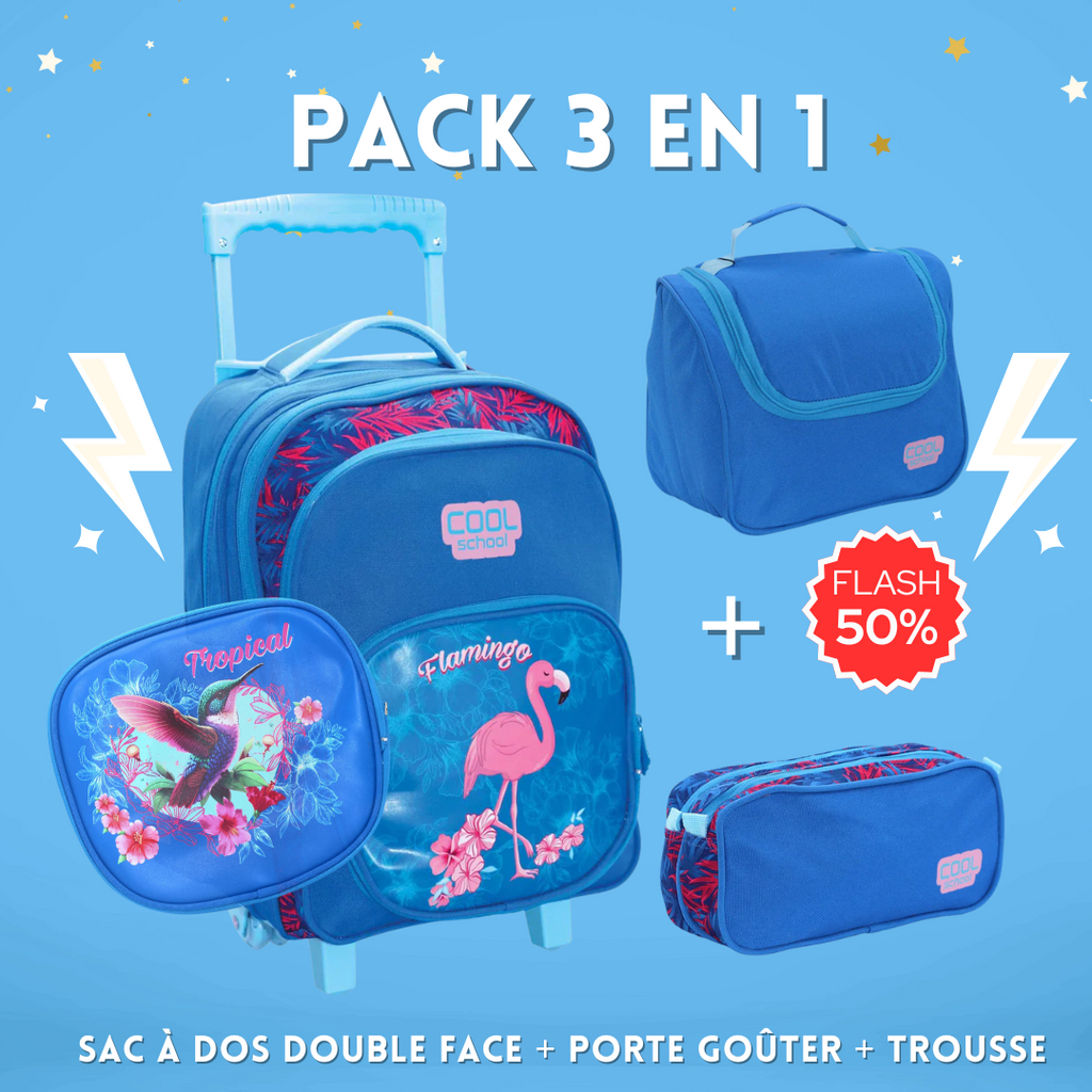 Pack 3 pièces : Sac à dos double face + Porte goûter + Trousse (flamingo) Oneaday prix tunisie