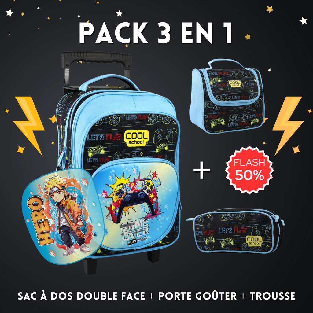 Pack 3 pièces : Sac à dos double face + Porte goûter + Trousse ( HERO) Oneaday prix tunisie