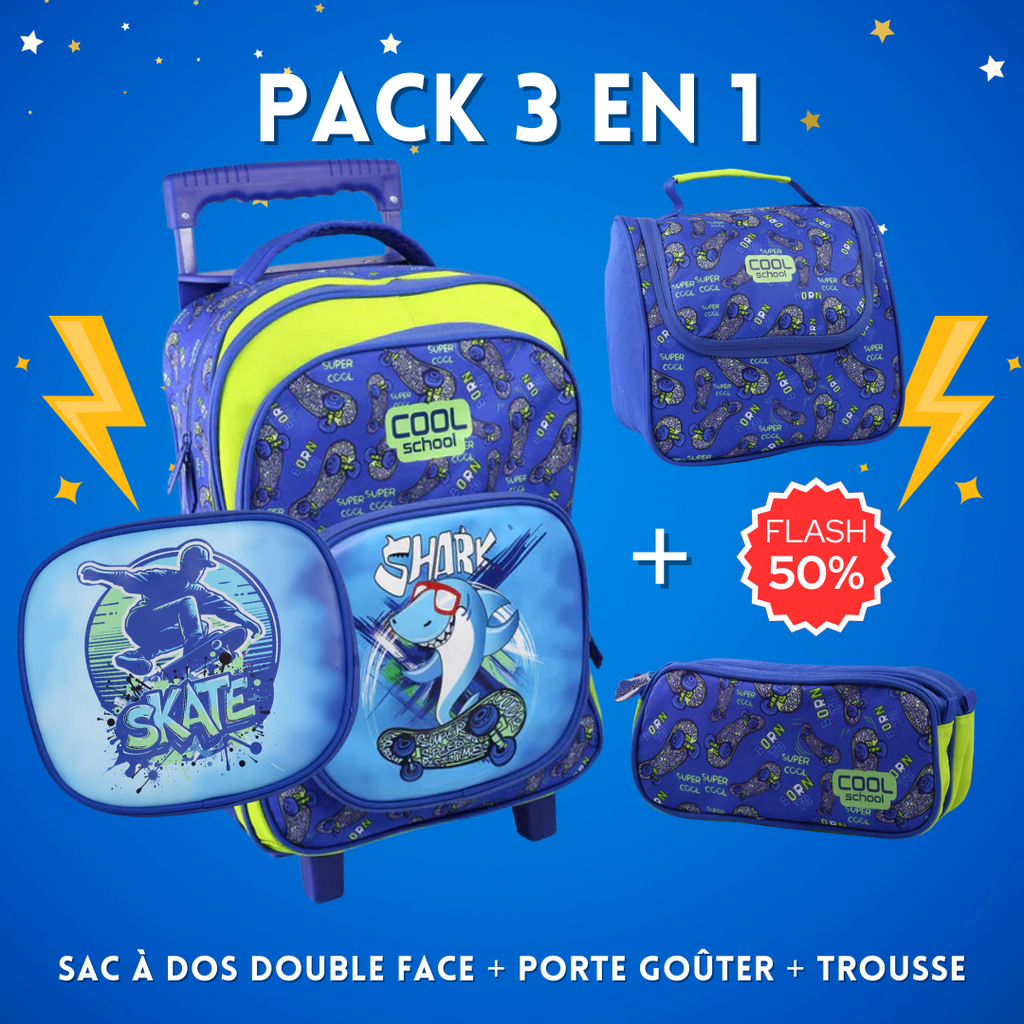 Pack 3 pièces : Sac à dos double face + Porte goûter + Trousse (shark) Oneaday prix tunisie